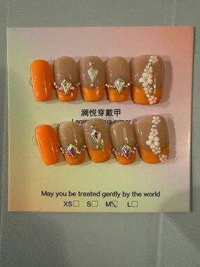 Orange & Nude Rhinestone handmade acrylic Nail Set